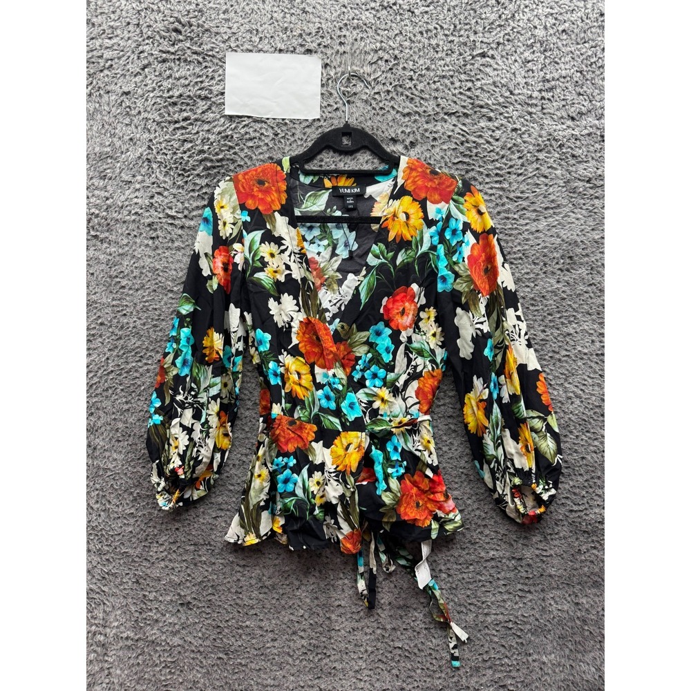 Yumi Kim Floral Balloon Sleeve V-Neck Wrap Blouse Black Womens Size XXS